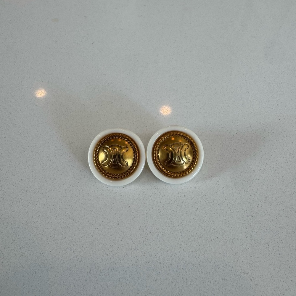Celine Gold Emblem Round Earrings with White Border